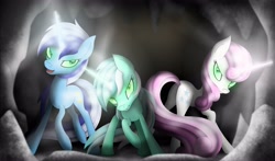 Size: 5064x2968 | Tagged: safe, artist:omnisimon11, lyra heartstrings, minuette, twinkleshine, pony, unicorn, a canterlot wedding, cave, glowing eyes, glowing horn, hypnosis, hypnotized, magic, open mouth, scene interpretation