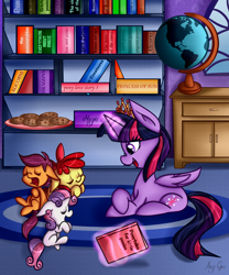 Size: 1500x1800 | Tagged: safe, artist:anggrc, derpibooru import, apple bloom, scootaloo, sweetie belle, twilight sparkle, twilight sparkle (alicorn), alicorn, pony, twilight time, book, bookcase, cookie, cute, cutie mark crusaders, eyes closed, female, floppy ears, levitation, magic, mare, on side, open mouth, prone, sitting, sleeping, smiling, telekinesis