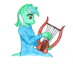 Size: 800x700 | Tagged: safe, artist:jezendar, lyra heartstrings, anthro, chelys lyre, clothes, dress, lyre, music, musical instrument, namesake, simple background, traditional art, white background