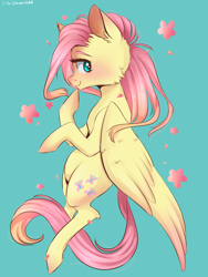 Size: 1200x1600 | Tagged: safe, artist:silbersternenlicht, fluttershy, pegasus, pony, belly, blushing, cute, female, hoof on chin, looking at you, looking sideways, mare, profile, shyabetes, smiling, solo, wings