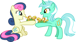 Size: 5380x3000 | Tagged: safe, artist:cloudyglow, artist:parclytaxel, bon bon, lyra heartstrings, sweetie drops, earth pony, pony, unicorn, the break up breakdown, .ai available, absurd resolution, best friends, female, mare, present, simple background, transparent background, vector