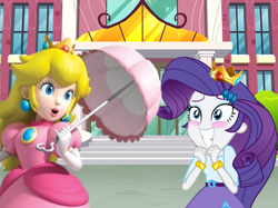 Size: 1503x1125 | Tagged: safe, artist:daniotheman, artist:mergedzamasuva, artist:vaid-devin-cupcake, rarity, human, equestria girls, blushing, canterlot high, crossover, crown, jewelry, nintendo, princess peach, raripeach, regalia, super mario bros., umbrella