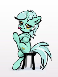 Size: 1047x1390 | Tagged: safe, artist:xbi, lyra heartstrings, pony, unicorn, female, looking at you, mare, meme, simple background, sitting, sitting lyra, solo, stool, tongue out, white background