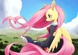 Size: 1736x1223 | Tagged: safe, artist:unousaya, fluttershy, windy (g5), pegasus, pony, bipedal, clothes, cloud, dress, female, mare, outdoors, scenery, sky, solo