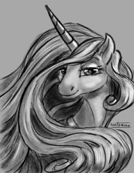 Size: 850x1100 | Tagged: safe, artist:noctomaeus, princess celestia, alicorn, pony, bust, female, grayscale, lidded eyes, mare, monochrome, portrait, smiling, solo