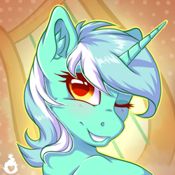 Size: 600x600 | Tagged: safe, artist:serenity, lyra heartstrings, pony, unicorn, blushing, cute, female, looking at you, lyrabetes, mare, one eye closed, smiling, solo, wink