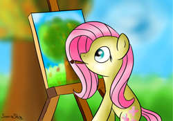 Size: 5000x3500 | Tagged: safe, artist:sunrise-shine-02, fluttershy, pegasus, pony, atg 2017, mouth hold, newbie artist training grounds, paintbrush, painting, plein air, solo, tree