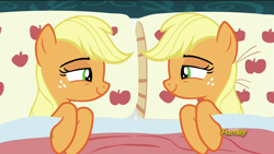 Size: 1920x1080 | Tagged: safe, edit, edited screencap, screencap, applejack, earth pony, pony, 28 pranks later, applejack's bed partner, bed, exploitable meme, jackjack, meme, mirrored, narcissism, photoshop, pillow, self paradox, self ponidox, selfcest, shipping, wat