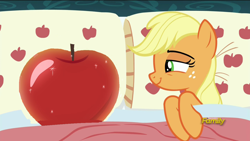 Size: 1280x720 | Tagged: safe, edit, edited screencap, screencap, applejack, earth pony, pony, 28 pranks later, apple, applejack's bed partner, bed, exploitable meme, food, meme, paint, pillow, that pony sure does love apples, what am i doing with my life...