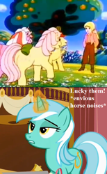 Size: 528x858 | Tagged: safe, edit, edited screencap, screencap, lyra heartstrings, megan williams, posey, powder, skydancer, earth pony, human, pony, unicorn, escape from catrina, g1, slice of life (episode), apple, apple tree, bell, bow, cropped, decoration, descriptive noise, female, food, horse noises, humie, jealous, magic aura, mare, plot, tail bow, text, that pony sure does love humans, town hall, tree