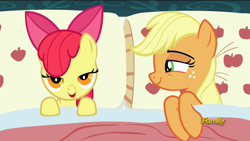 Size: 1920x1080 | Tagged: safe, edit, edited screencap, screencap, apple bloom, applejack, earth pony, pony, 28 pranks later, applejack's bed partner, bed, bedroom eyes, exploitable meme, female, filly, implied foalcon, implied incest, mare, meme, pillow, sisters