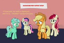 Size: 1280x873 | Tagged: safe, artist:badponyvectors, applejack, bon bon, lyra heartstrings, roseluck, sweetie drops, earth pony, pony, unicorn, applejack's hat, background pony applejack, chest fluff, cowboy hat, crossed hooves, dialogue, female, freckles, happy, hat, mare, open mouth, smiling, text