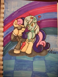 Size: 1024x1365 | Tagged: safe, artist:yoshimarsart, bon bon, lyra heartstrings, sweetie drops, earth pony, pony, unicorn, deviantart watermark, female, lesbian, lyrabon, obtrusive watermark, secret agent sweetie drops, shipping, traditional art, watermark