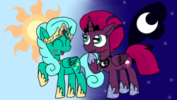 Size: 1920x1080 | Tagged: safe, artist:徐詩珮, fizzlepop berrytwist, glitter drops, princess celestia, princess luna, tempest shadow, alicorn, pony, alicornified, celestia's crown, crown, cutie mark, duo, female, glittercorn, glittershadow, implied princess celestia, implied princess luna, jewelry, lesbian, luna's crown, mare, night, princess celestia's cutie mark, princess luna's cutie mark, race swap, regalia, royal sisters, shipping, tempesticorn