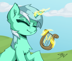 Size: 1280x1087 | Tagged: safe, artist:danli69, lyra heartstrings, pony, unicorn, cheek fluff, chest fluff, ear fluff, eyes closed, female, glowing horn, lyre, magic, mare, questionable source, smiling, solo