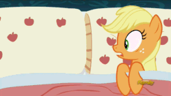 Size: 1920x1080 | Tagged: safe, edit, edited screencap, screencap, applejack, earth pony, pony, 28 pranks later, applejack's bed partner, bed, discovery family logo, meme, pillow, surprised, template