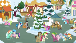 Size: 1920x1080 | Tagged: safe, screencap, alula, berry punch, berryshine, bon bon, bulk biceps, cheerilee, cranky doodle donkey, cup cake, daisy, dj pon-3, doctor whooves, flower wishes, gallop j. fry, lily, lily valley, lyra heartstrings, matilda, mochaccino, octavia melody, peach fuzz, pound cake, pumpkin cake, rare find, roseluck, sweetie drops, train tracks (character), vinyl scratch, earth pony, pegasus, pony, unicorn, best gift ever, beret, best friends, cake twins, cart, cello, christmas, christmas lights, cinnamon nuts, clothes, coat, decoration, earmuffs, female, flower trio, food, hat, headphones, hearth's warming tree, holiday, male, mare, musical instrument, nut cart, ponyville, santa hat, scarf, snow, stallion, tent, tree, vendor, vendor stall