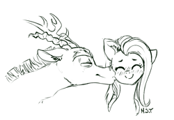 Size: 681x469 | Tagged: safe, artist:tina1412, discord, fluttershy, pegasus, pony, black and white, blushing, bust, discoshy, eyes closed, female, grayscale, kiss on the cheek, kissing, male, monochrome, shipping, smiling, straight