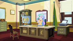 Size: 1920x1080 | Tagged: safe, screencap, princess celestia, principal celestia, equestria girls, equestria girls series, schedule swap, spoiler:eqg series (season 2), banner, blinds, book, bookshelf, box, canterlot high, celestia's office, chair, clothes, computer, computer mouse, computer screen, cutie mark, desk, diploma, female, flag, flag pole, floor, furniture, happy, holding, indoors, jacket, keyboard, lidded eyes, microphone, moon, office, printer, roof, screen, shelf, shirt, sitting, smiling, solo, speakers, stars, sun, trophy, wall, wall of tags, whiteboard, window, woman