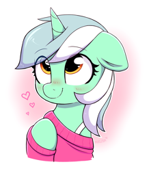 Size: 2191x2507 | Tagged: safe, artist:moozua, lyra heartstrings, pony, unicorn, blushing, clothes, cute, eye clipping through hair, female, floppy ears, gradient background, heart, looking up, lyrabetes, mare, raised hoof, signature, smiling, solo, sweater