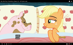 Size: 1920x1200 | Tagged: safe, edit, edited screencap, screencap, applejack, earth pony, pig, pony, 28 pranks later, applejack's bed partner, bed, meme, pillow, youtube, youtube caption