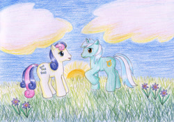 Size: 1024x720 | Tagged: safe, artist:normaleeinsane, bon bon, lyra heartstrings, sweetie drops, earth pony, pony, unicorn, g3, cloud, colored pencil drawing, duo, female, flower, g4 to g3, generation leap, grass, mare, one hoof raised, open mouth, outdoors, sky, standing, sun, traditional art