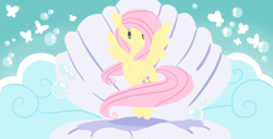 Size: 800x409 | Tagged: safe, artist:nomnomuchan, fluttershy, butterfly, pegasus, pony, bipedal, birth of venus, bubble, cloud, long mane, looking at you, reference, smiling, solo, spread wings, wings