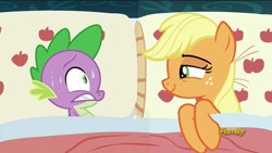 Size: 1280x720 | Tagged: safe, edit, edited screencap, screencap, applejack, spike, dragon, earth pony, pony, 28 pranks later, applejack's bed partner, applespike, bed, bedroom eyes, discovery family logo, exploitable meme, female, male, meme, pillow, shipping, spike gets all the mares, straight, surprised