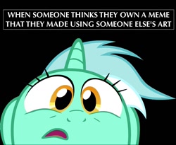 Size: 1080x887 | Tagged: safe, artist:acer-rubrum, edit, lyra heartstrings, pony, unicorn, black background, bust, female, gasp, image macro, looking at you, mare, meme, simple background, solo, stealing, text, vector