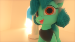 Size: 1920x1080 | Tagged: safe, artist:santiblocks, lyra heartstrings, 3d, adoracreepy, clothes, column, creepy, cute, looking at you, open mouth, solo