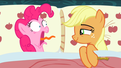 Size: 1280x720 | Tagged: safe, edit, edited screencap, screencap, applejack, pinkie pie, earth pony, pony, 28 pranks later, applejack's bed partner, bed, exploitable meme, faic, female, implied lesbian, mare, meme, open mouth, pillow, screaming, shrieky pie