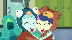 Size: 800x450 | Tagged: safe, edit, edited screencap, screencap, bon bon, lyra heartstrings, owlowiscious, sweetie drops, owl, peacock, all's fair in love and friendship games, equestria girls, friendship games, adorabon, animal costume, animated, best friends, bird costume, bon owl, clothes, costume, cute, duo, female, gif, hug, laughing, lesbian, loop, lyrabetes, lyrabird, lyrabon, nuzzling, shipping, speed up