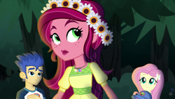 Size: 1280x720 | Tagged: safe, screencap, flash sentry, fluttershy, gloriosa daisy, equestria girls, legend of everfree, magical geodes