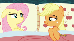 Size: 1920x1080 | Tagged: safe, edit, edited screencap, screencap, applejack, fluttershy, earth pony, pegasus, pony, 28 pranks later, applejack's bed partner, appleshy, bed, bedroom eyes, exploitable meme, female, implied appleshy, lesbian, mare, meme, pillow, shipping