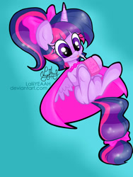 Size: 1024x1365 | Tagged: safe, artist:laliiyeaah, derpibooru import, twilight sparkle, twilight sparkle (alicorn), alicorn, pony, alternate hairstyle, cute, female, hair bow, juice box, mare, solo, tail bow, tongue out, underhoof