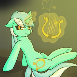 Size: 3000x3000 | Tagged: safe, artist:shinxx24, lyra heartstrings, pony, unicorn, cutie mark, female, glowing horn, heart, high res, levitation, looking at you, lyre, magic, mare, sitting, smiling, solo, telekinesis, underhoof