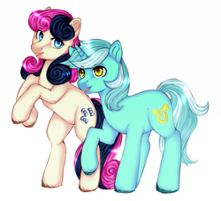 Size: 2005x1823 | Tagged: safe, artist:oksssid, bon bon, lyra heartstrings, sweetie drops, earth pony, pony, unicorn, colored pupils, duo, duo female, female, mare, raised hoof, rearing, simple background, smiling, unshorn fetlocks, white background