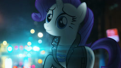 Size: 2444x1375 | Tagged: safe, artist:bastbrushie, artist:sebisscout1997, rarity, pony, unicorn, clothes, jacket, lens flare, lights, night, rebel, solo