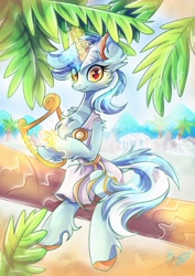 Size: 2894x4093 | Tagged: safe, artist:alexbluebird, lyra heartstrings, pony, unicorn, chest fluff, clothes, female, fluffy, looking at you, lyre, magic, mare, palm tree, sitting, solo, tree