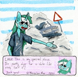 Size: 1280x1261 | Tagged: safe, artist:ploskostnost, lyra heartstrings, anthro, car, date, dating, dating sim, dialogue, junkyard, solo, traditional art, trash, yield sign