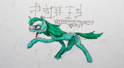 Size: 1280x699 | Tagged: safe, artist:ploskostnost, lyra heartstrings, pony, code, galloping, number, open mouth, solo, tongue out, traditional art