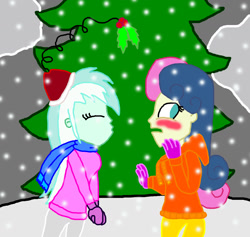 Size: 1300x1231 | Tagged: safe, artist:bigpurplemuppet99, bon bon, lyra heartstrings, sweetie drops, equestria girls, blushing, christmas, female, holiday, holly, holly mistaken for mistletoe, lesbian, lyrabon, shipping