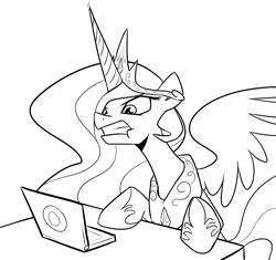 Size: 1700x1600 | Tagged: safe, artist:miketheuser, princess celestia, alicorn, pony, angry, computer, female, hoof shoes, laptop computer, lineart, mare, monochrome, simple background, solo, spread wings, white background, wings