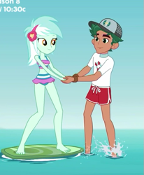 Size: 463x562 | Tagged: safe, screencap, lyra heartstrings, timber spruce, better together, equestria girls, turf war, barefoot, cap, clothes, cropped, feet, female, hat, legs, lifeguard timber, male, shipping fuel, sleeveless, smiling, swimsuit