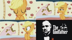 Size: 891x497 | Tagged: safe, applejack, earth pony, pig, pony, 28 pranks later, meme, the godfather