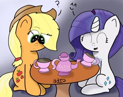 Size: 2670x2117 | Tagged: safe, artist:bronybehindthedoor, applejack, rarity, earth pony, pony, unicorn, food, happy, signature, table, tea, tea kettle, teacup