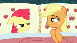 Size: 1920x1080 | Tagged: safe, edit, edited screencap, screencap, apple bloom, applejack, earth pony, pony, 28 pranks later, applejack's bed partner, bed, exploitable meme, implied foalcon, implied incest, meme, pillow