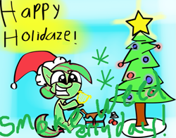 Size: 555x435 | Tagged: safe, lyra heartstrings, pony, unicorn, christmas, christmas tree, grin, happy holidays, hat, holiday, lyre, recolor, santa hat, smiling, smoke weed erryday, tree