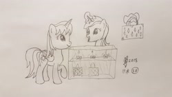 Size: 4032x2268 | Tagged: safe, artist:parclytaxel, lyra heartstrings, oc, oc:parcly taxel, alicorn, pony, unicorn, ain't never had friends like us, albumin flask, alicorn oc, bag, display case, female, issey miyake, japan, levitation, lineart, magic, mare, marunouchi, monochrome, parcly taxel in japan, pencil drawing, raised hoof, smiling, story included, telekinesis, tokyo, traditional art