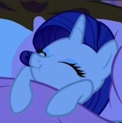 Size: 907x923 | Tagged: safe, screencap, rarity, pony, unicorn, look before you sleep, :t, bed, cropped, cute, eyes closed, female, happy, mare, pillow, raribetes, sleeping, smiling, solo